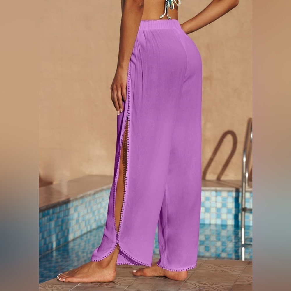 Beach Palazzo Pants Women Elastic High Waist Wrap Swimsuit Coverup Tassel Purple